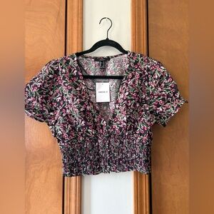 Forever 21 Black Floral Smocked V-Neck Crop Top with Pink Roses